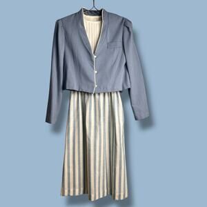VTG 70s Sears Size Small 2 Piece Baby Blue White Belted Dress Suit for Spring